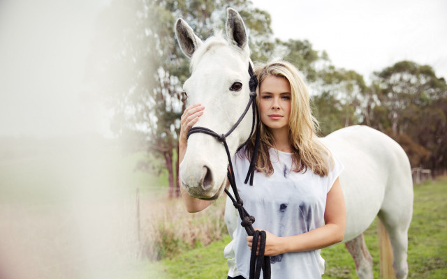 Woman horse field trees fence free wallpaper - medium preview image