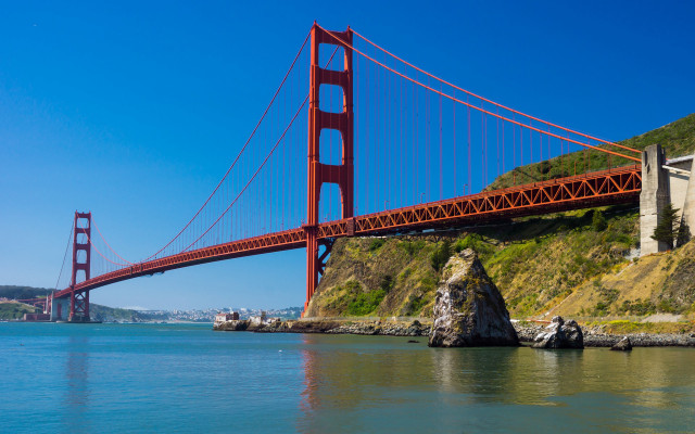 Bridge water mountain hill coast free wallpaper - medium preview image