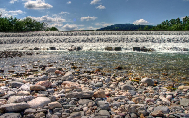 River waterfall rocks trees sky free wallpaper - medium preview image