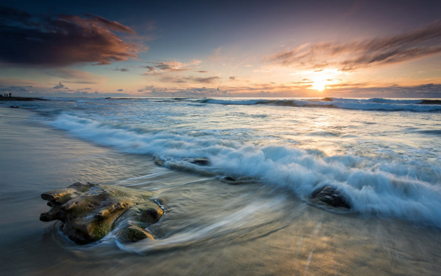 Beach waves sunset rock clouds free wallpaper - medium preview image