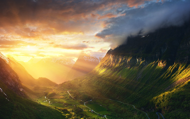 Sunset valley mountains winding road free wallpaper - medium preview image