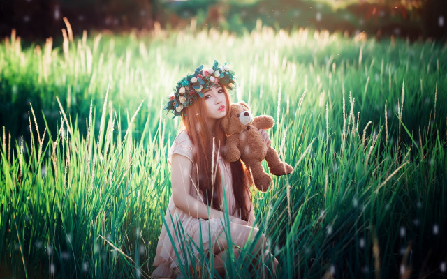 Woman teddy bear field wreath free wallpaper - medium preview image