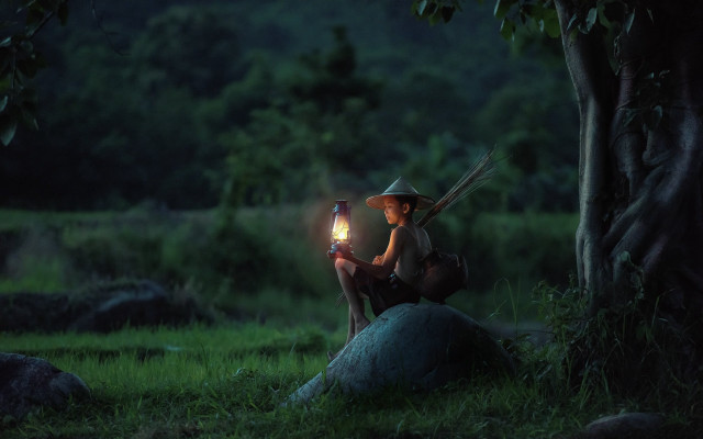Woman forest lantern sitting blonde free wallpaper - medium preview image