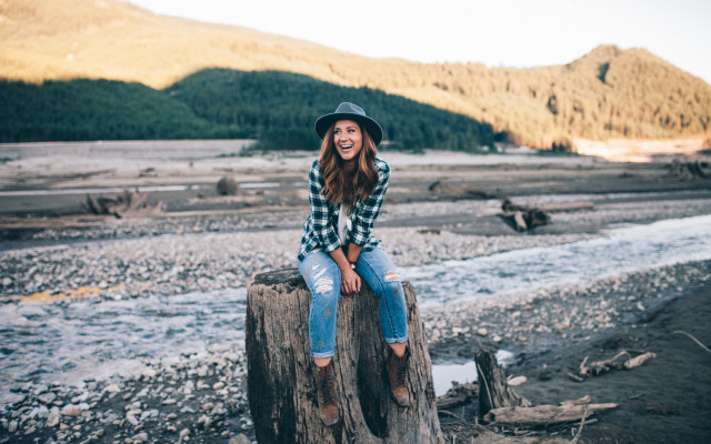 Woman tree stump river mountains free wallpaper - medium preview image
