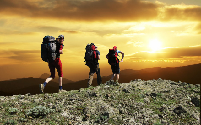 Mountain hiking sunset backsacks outdoors free wallpaper - medium preview image