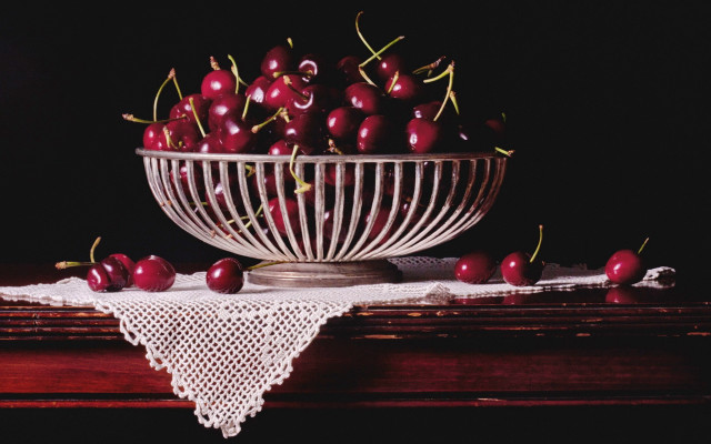 Bowl cherries lace doily table free wallpaper - medium preview image