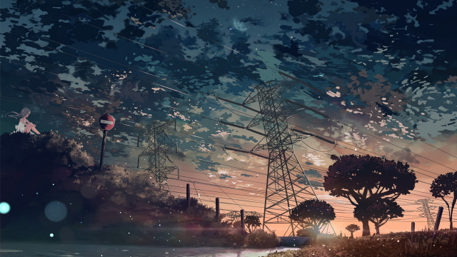 Sunset powerlines trees cityscape moon free wallpaper - medium preview image