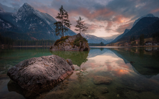 Lake rock tree sunset mountain free wallpaper - medium preview image
