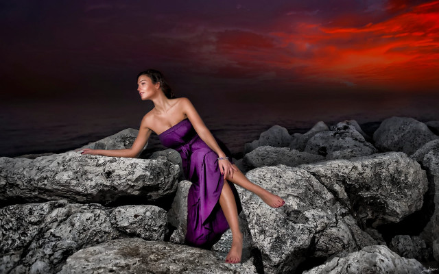 Purple dress sunset rocks ocean free wallpaper - medium preview image