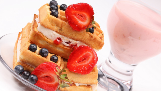 Waffle stack strawberries blueberries milk free wallpaper - medium preview image