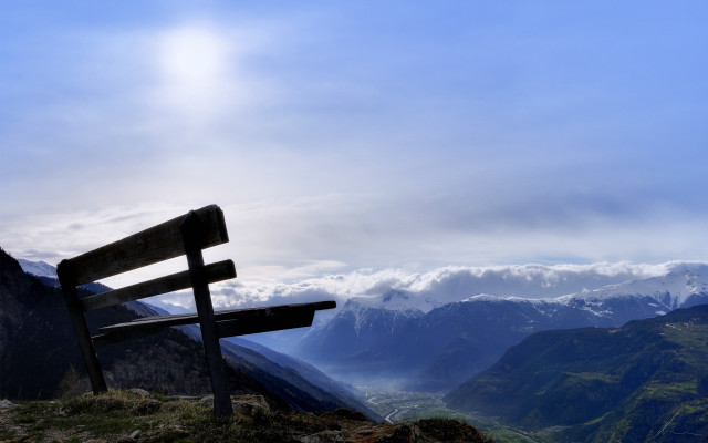 Mountain valley bench clouds sunbeam free wallpaper - medium preview image