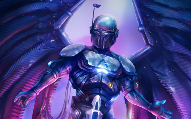 Futuristic man alien armor sword free wallpaper - medium preview image