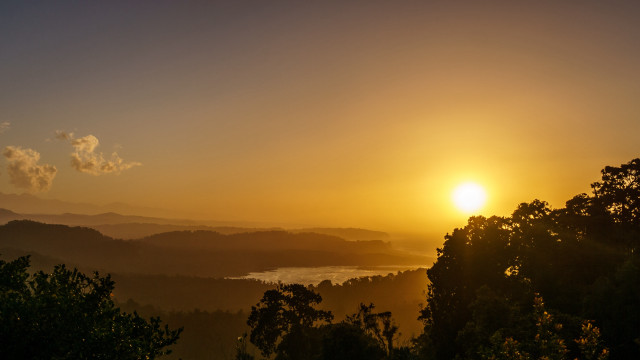 Sunset lake mountains trees clouds free wallpaper - medium preview image