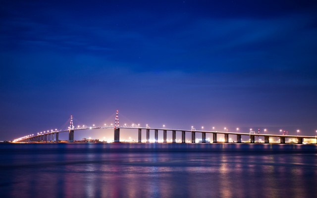 Bridge water night lights clouds free wallpaper - medium preview image