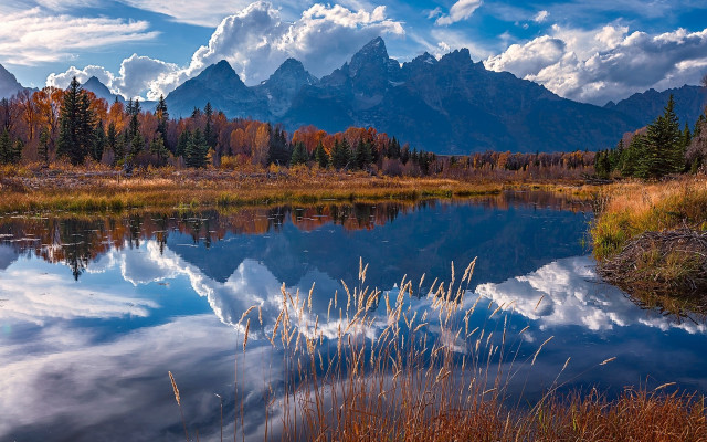 Mountain lake trees grass clouds free wallpaper - medium preview image