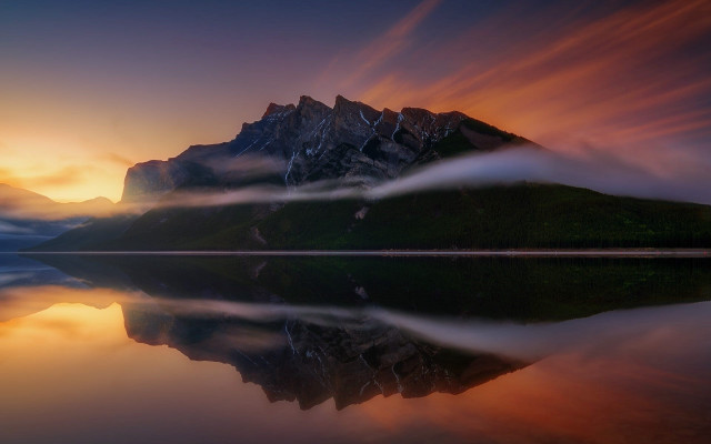 Mountain reflection sunset clouds cityscape free wallpaper - medium preview image