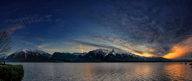 Lake mountains sunset clouds boats free wallpaper - medium preview image
