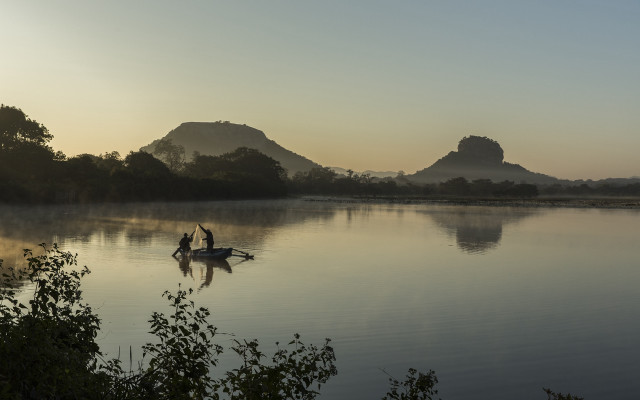 Man boat lake mountains sunset free wallpaper - medium preview image