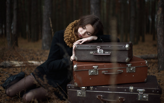 Woman luggage teddy bear liminal free wallpaper - medium preview image
