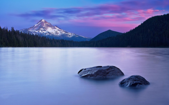 Mountain lake sunset forest rocks free wallpaper - medium preview image