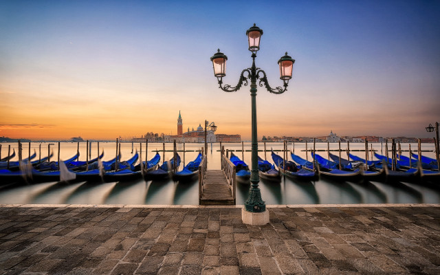 Gondolas streetlight sunset cityscape ocean free wallpaper - medium preview image