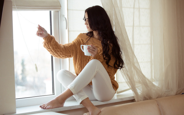 Woman coffee window sill minimalist free wallpaper - medium preview image