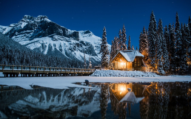 Cabin snow lake bridge mountain free wallpaper - medium preview image