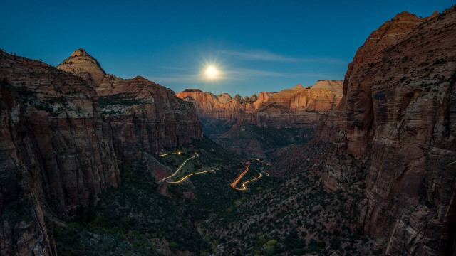 Canyon road fullmoon mountains lensflare free wallpaper - medium preview image