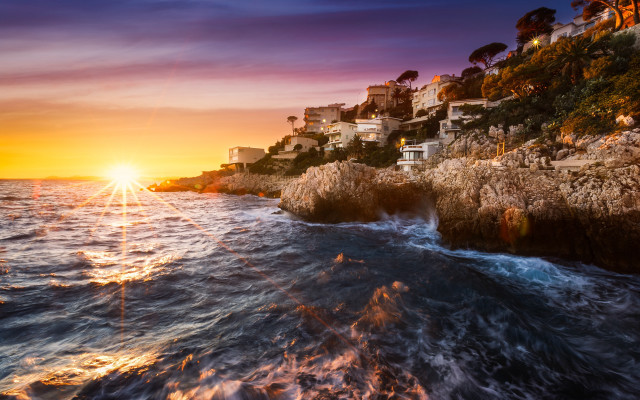 Sunset ocean houses cliff waves free wallpaper - medium preview image