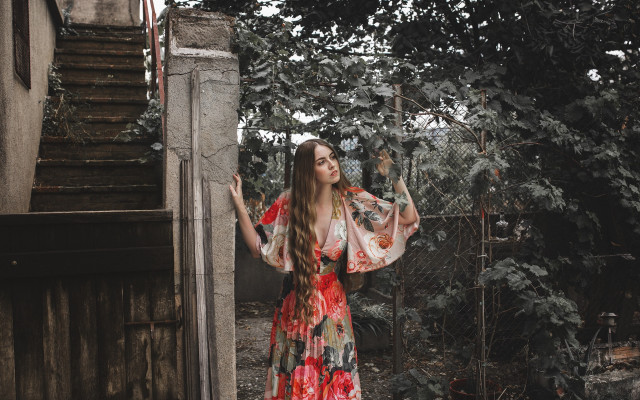 Woman tree fence bird artnouveau free wallpaper - medium preview image