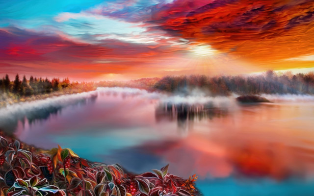 Lake reflection mountain sunset colorful free wallpaper - medium preview image