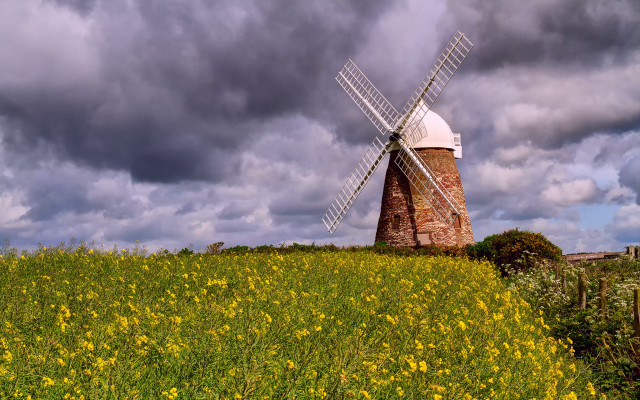 Windmill hill cloudy sky yellow free wallpaper - medium preview image
