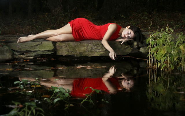 Woman red dress pond woods free wallpaper - medium preview image