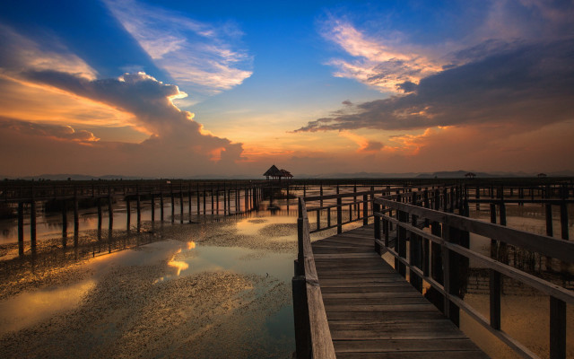Wooden walkway pier sunset clouds free wallpaper - medium preview image