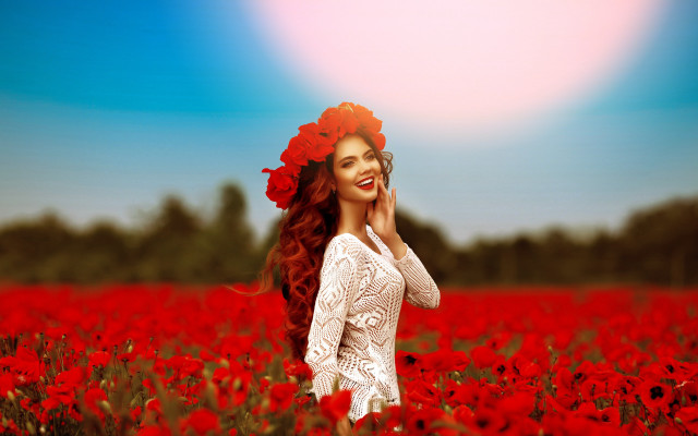 Woman red flower field cellphone free wallpaper - medium preview image