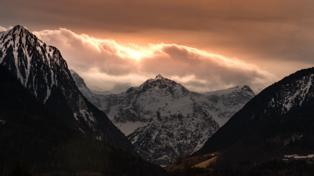 Mountain range clouds trees snowy free wallpaper - medium preview image