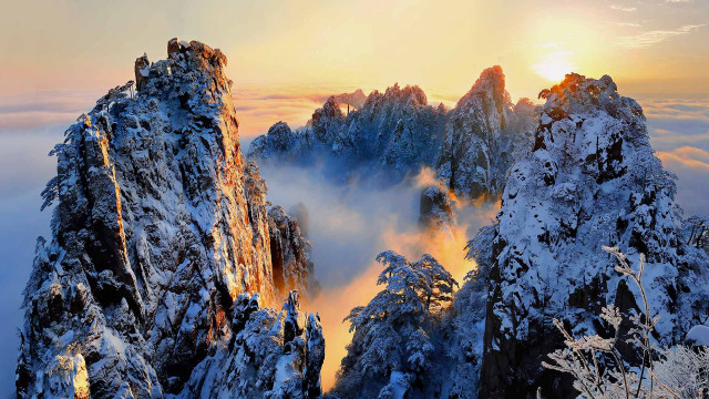 Snowy mountain sunset clouds forest free wallpaper - medium preview image
