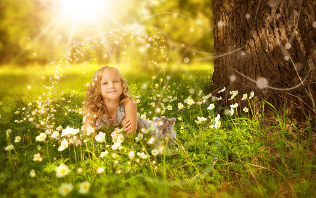 Little girl grass tree cat free wallpaper - medium preview image