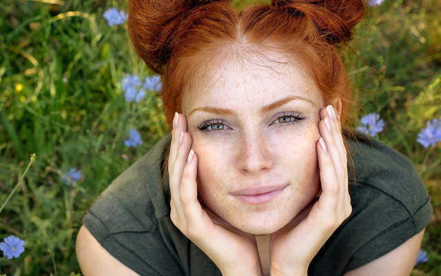 Red haired freckled woman flower free wallpaper - medium preview image