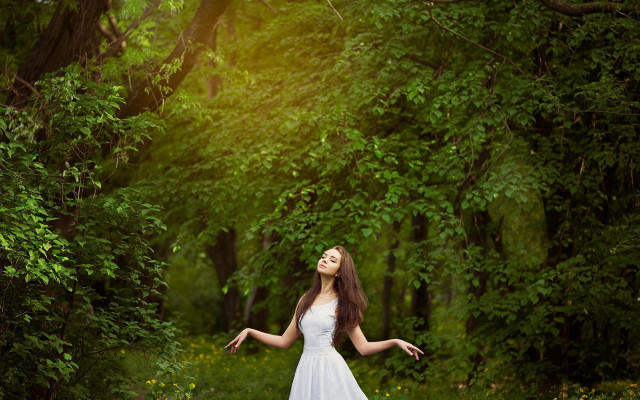 Woman white dress forest outstretched free wallpaper - medium preview image