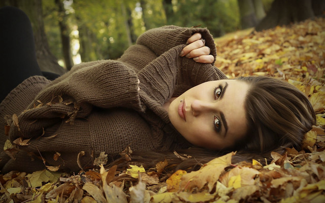 Woman lying forest autumn fishnets #3 free wallpaper - medium preview image