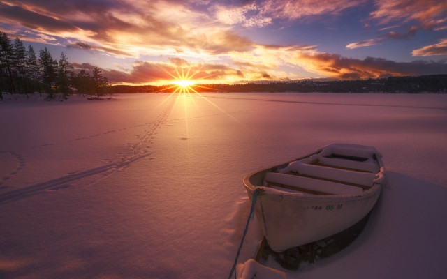 Snowy field boat sunset forest free wallpaper - medium preview image