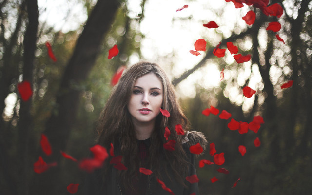Woman forest falling petals red free wallpaper - medium preview image