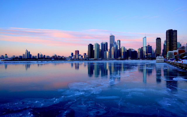 City skyline reflection lake winter free wallpaper - medium preview image