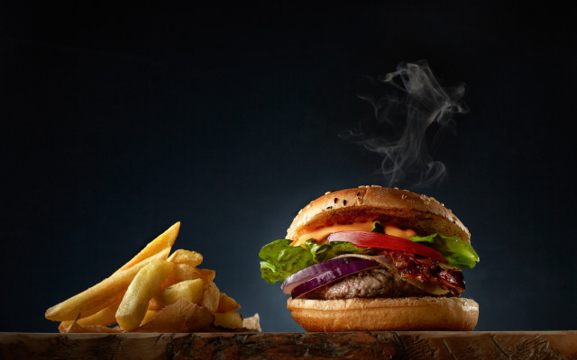 Burger fries smoke wooden table free wallpaper - medium preview image