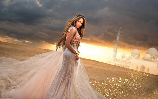 Woman dress building sunset beach free wallpaper - medium preview image