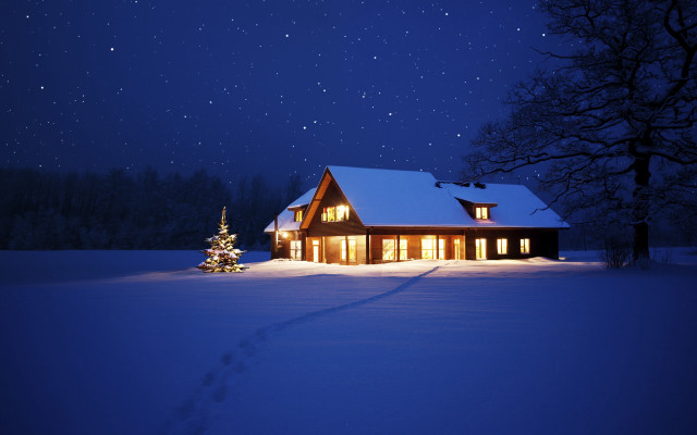 Snow christmas house lights aurora free wallpaper - medium preview image
