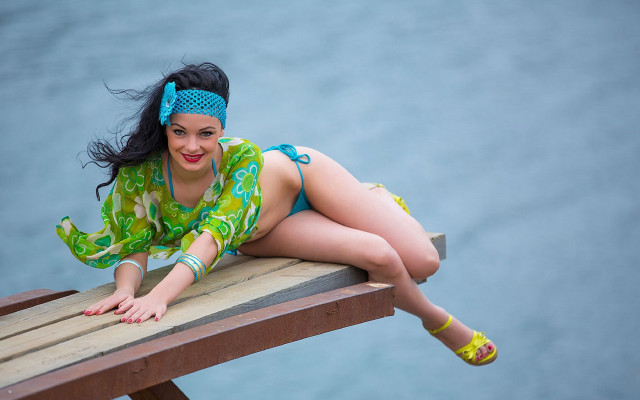 Woman green bikini wooden bench free wallpaper - medium preview image
