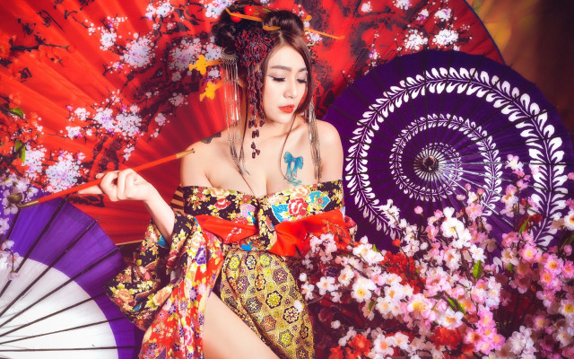 Woman colorful dress parasol flower free wallpaper - medium preview image