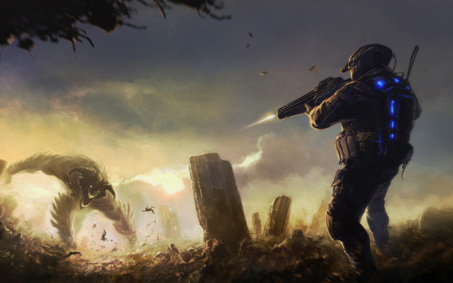 Futuristic man gun monster field free wallpaper - medium preview image